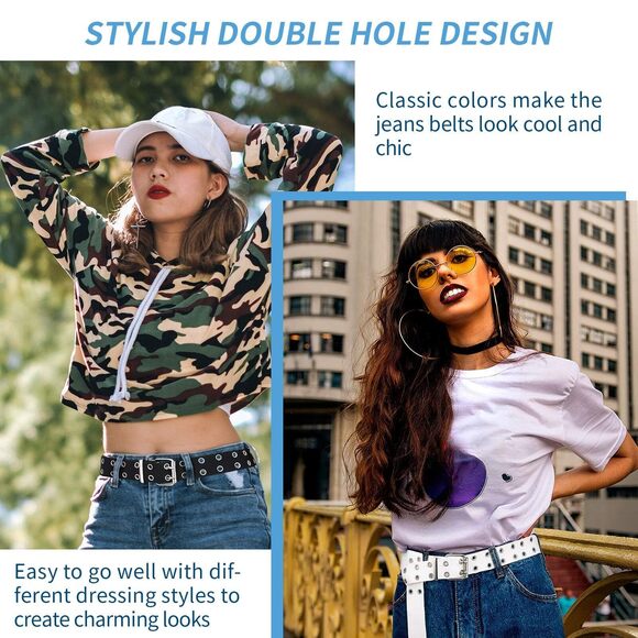 2 Pieces Double Grommet Canvas Belts Two-hole Jeans Vintage Buckle Punk 3556 - Picture 5 of 7